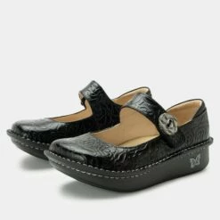 Shoes Paloma Black Embossed Rose Mary Jane